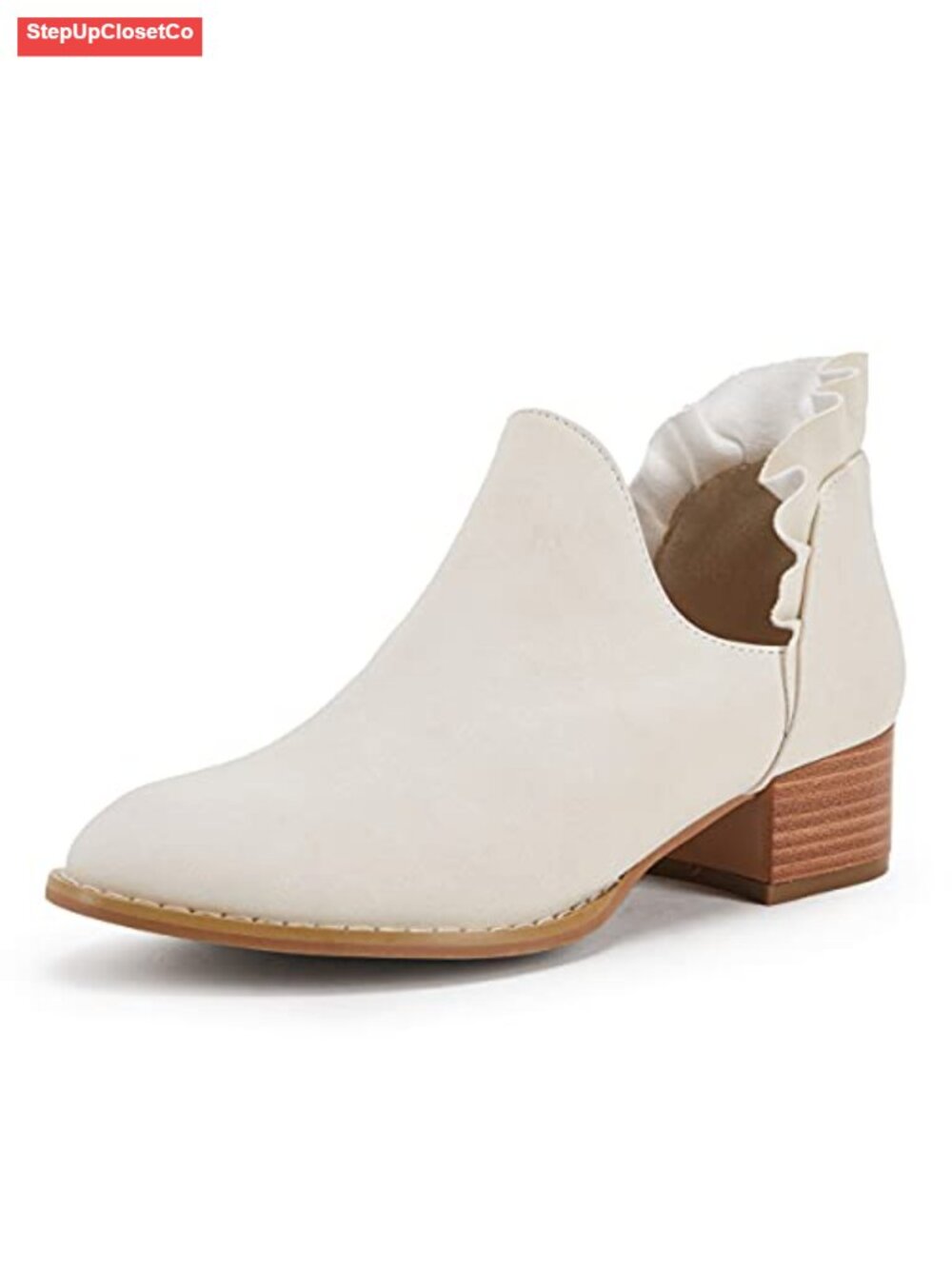 Ruffled Ankle Boots V Cut Out Pointed Toe Chunky Low Heel Western Booties